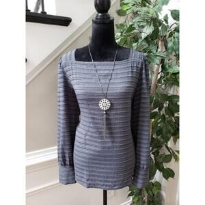 Loft Womens Gray Striped 100% Polyester Square Neck Long Sleeve Top Blouse Large